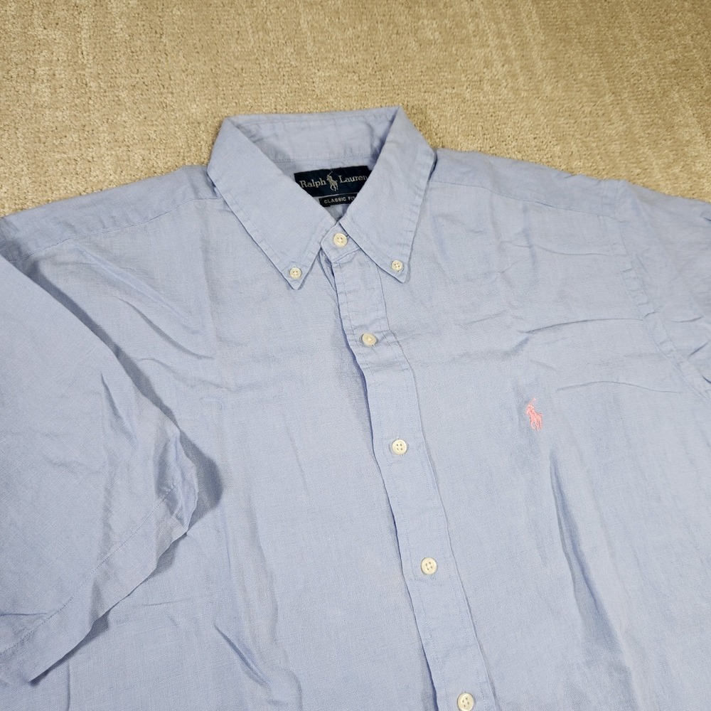 Polo Ralph Lauren Shirt Men Large 100% Linen Classic Fit Button Down Blue